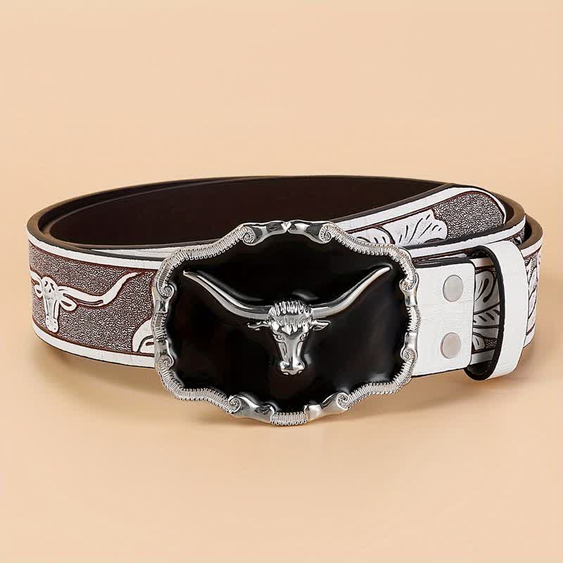 Cintura da uomo in pelle con testa di toro Longhorn Western nera - Bianco - 40 - image 1