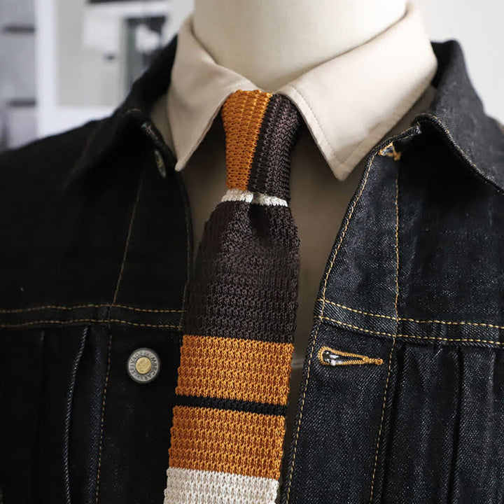 Cravatta a righe orizzontali autunnali da uomo lavorata a maglia - Caffè e Solidago - image 18