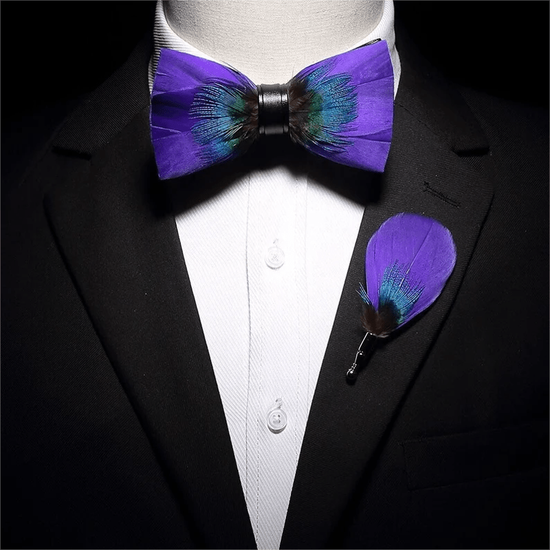 Papillon con piume viola e verde acqua per bambini con spilla da bavero - image 3