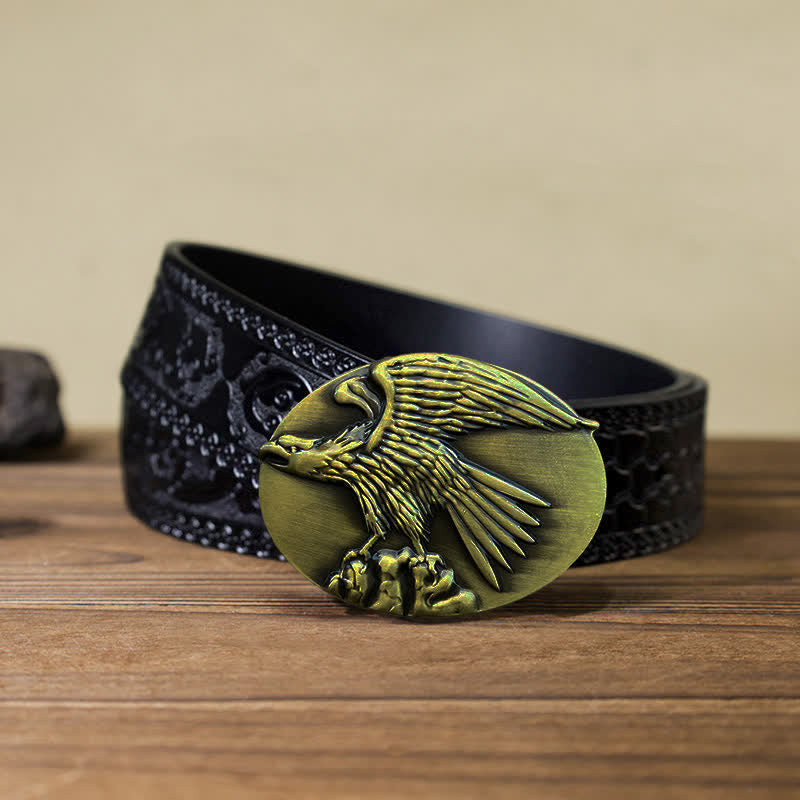 Cintura in pelle con fibbia aquila su pietra fai da te da uomo - Oro - Cintura nera intagliata (40) - image 13