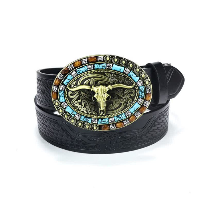 Cintura da uomo in pelle di toro turchese da cowboy western - Nero / Oro - 40 - image 20