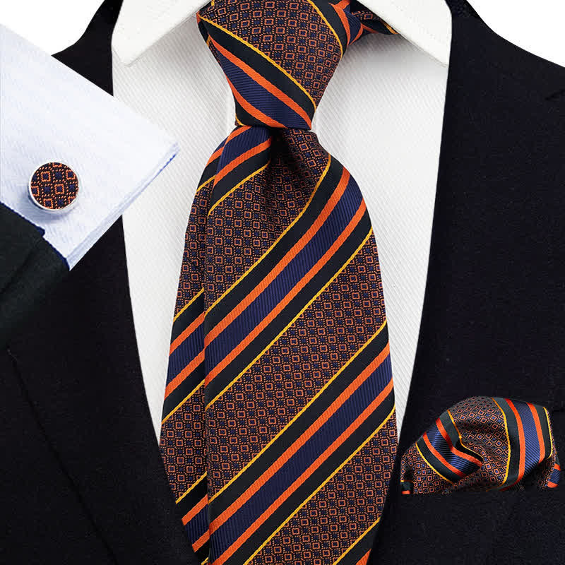 Set di 3 cravatte a righe arancioni e blu navy da uomo - Arancione e blu navy - image 0
