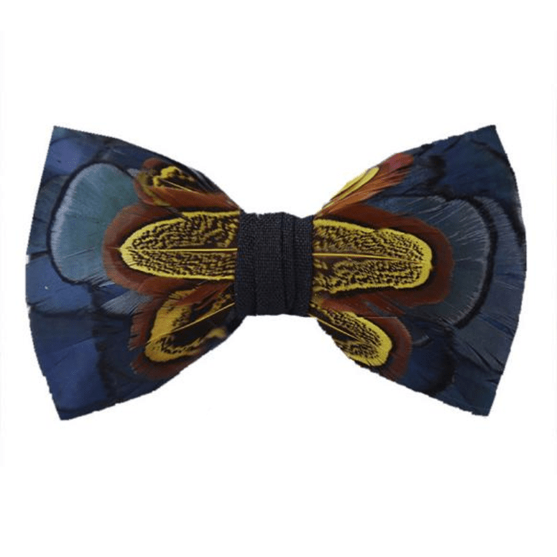 Papillon con piume blu navy e giallo Wildness con spilla da bavero - Blu marino e giallo - image 0