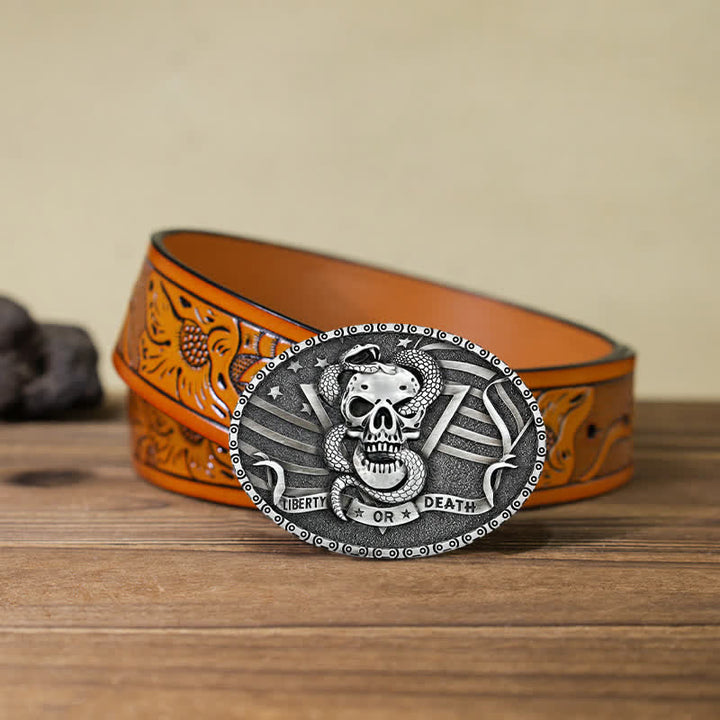 Cintura in pelle fai da te da uomo con fibbia a forma di teschio di serpente "Liberty or Death" - Argento antico - Cintura intagliata arancione (40) - image 24