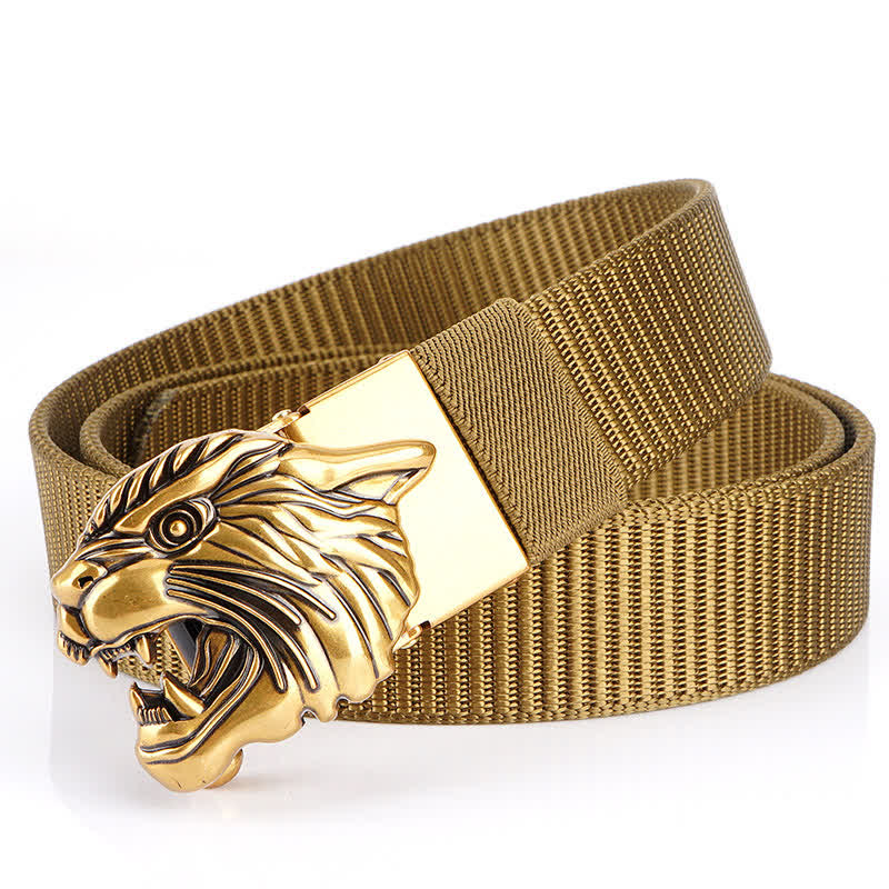 Cintura in nylon con testa di tigre ruggente da uomo - Cachi / Oro - 48" - image 0