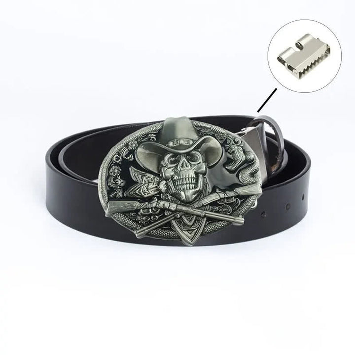 Cintura in pelle da uomo con teschio pirata e pistole incrociate - Legatura di ferro - Nero / Smalto nero - 46 - image 21