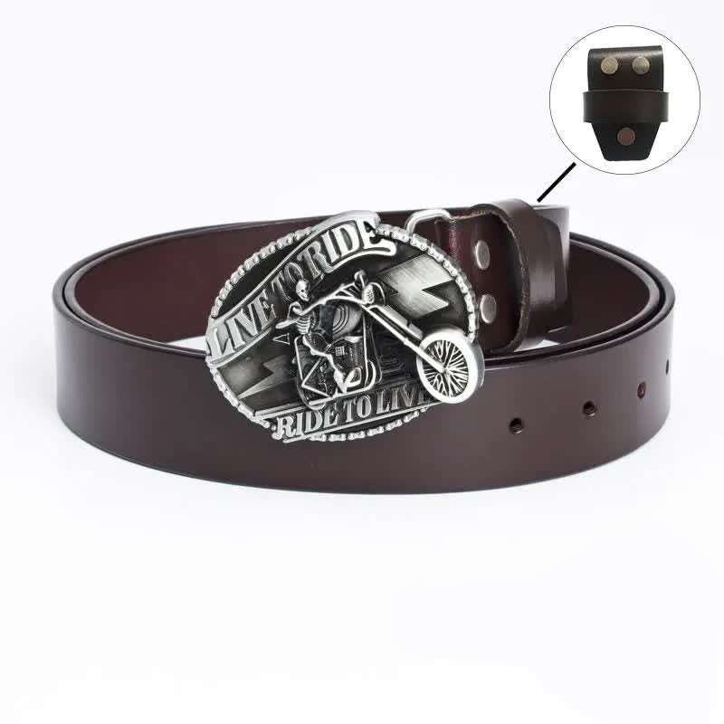 Cintura in pelle da uomo con teschio da motociclista scheletro - Maglietta in pelle - Marrone / Argento - 46 - image 17