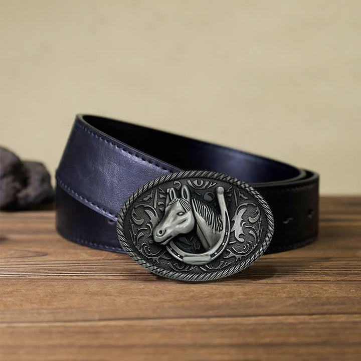 Cintura in pelle con fibbia a ferro di cavallo in argento antico fai da te da uomo - Ferro di cavallo - Cintura PU nera (40) - image 3