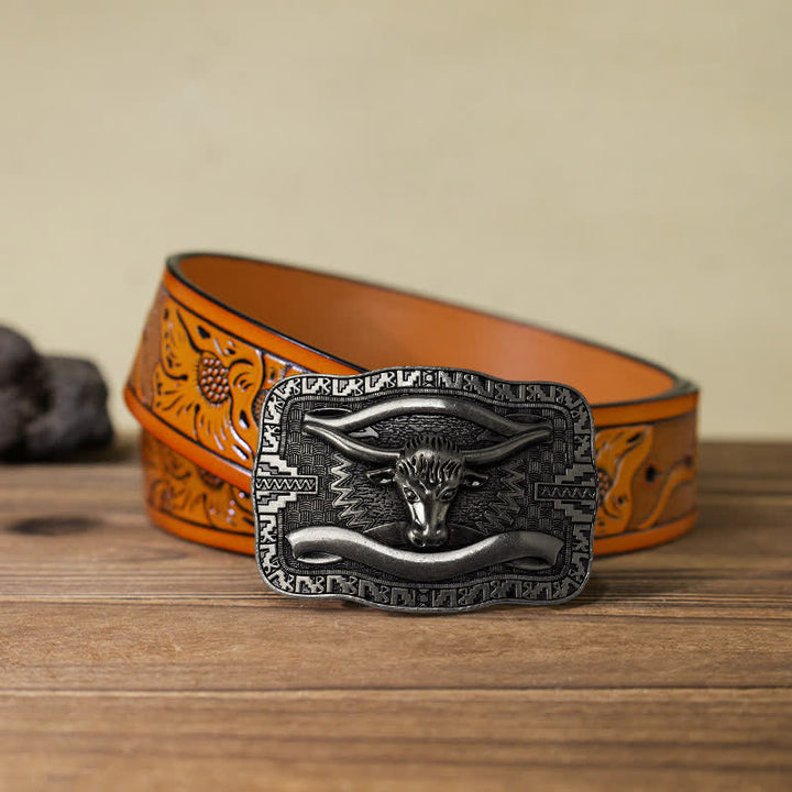 Cintura in pelle fai da te da uomo con fibbia a forma di toro Longhorn quadrato in argento - Testa di toro - Cintura intagliata arancione (40) - image 16