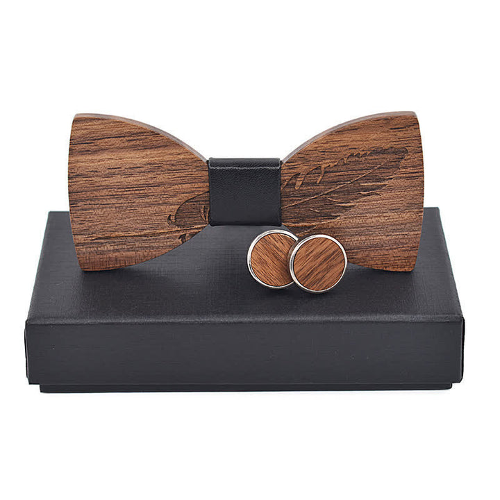 Set di 2 papillon in legno con incisione di piume da uomo - Pelle nera - image 0