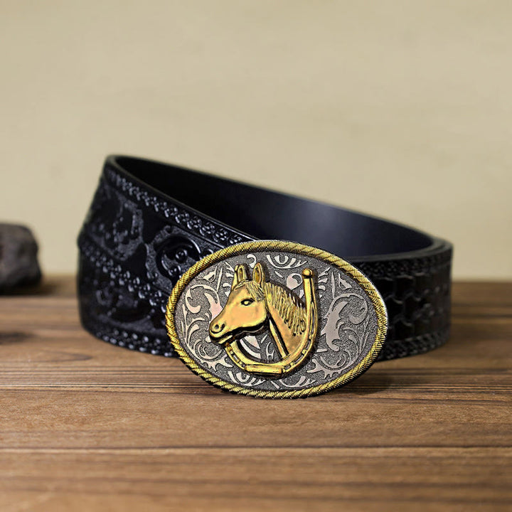 Cintura in pelle con fibbia a ferro di cavallo dorata fai da te da uomo - Ferro di cavallo - Cintura nera intagliata (40) - image 7