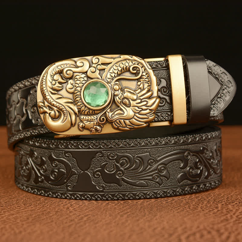 Cintura in pelle con pietra preziosa e drago inciso da uomo - Nero e smeraldo - 46 - image 17