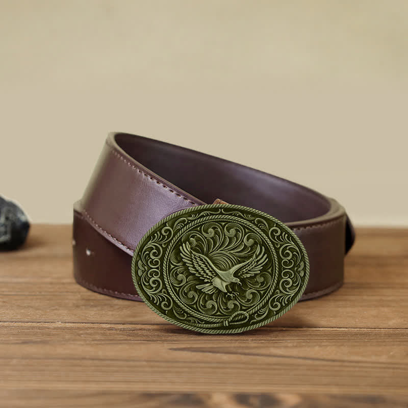 Cintura in pelle con fibbia floreale incisa con aquila volante fai da te da uomo - Bronzo antico - Cintura PU marrone (40) - image 11