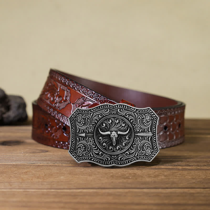 Cintura in pelle fai da te con fibbia a forma di freccia di toro a forma di corno lungo da uomo - Argento antico - Cintura marrone intagliata (40) - image 18