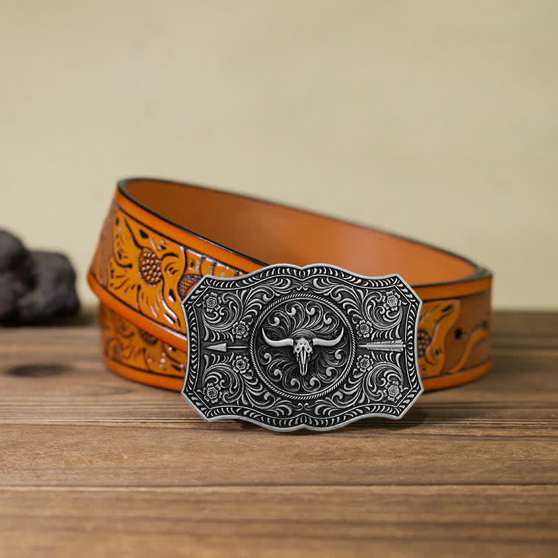 Cintura in pelle fai da te con fibbia a forma di freccia di toro a forma di corno lungo da uomo - Argento antico - Cintura intagliata arancione (40) - image 24