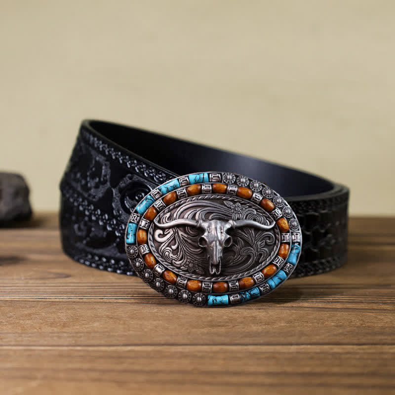 Cintura in pelle con fibbia a forma di toro con perline di legno turchese fai da te da uomo - Argento - Cintura nera intagliata (40) - image 12
