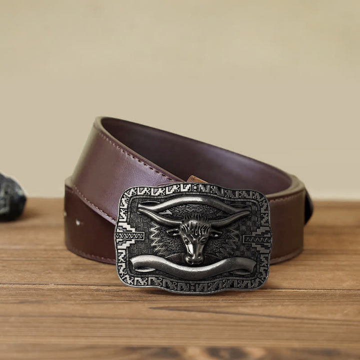 Cintura in pelle fai da te da uomo con fibbia a forma di toro Longhorn quadrato in argento - Testa di toro - Cintura PU marrone (40) - image 8