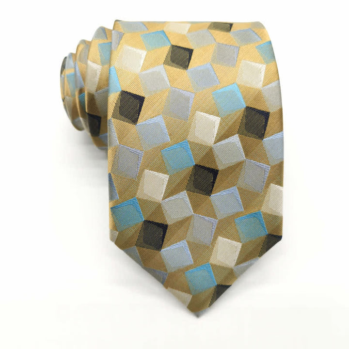 Cravatta da uomo in pura seta con motivo geometrico quadrato colorato - Giallo - image 4