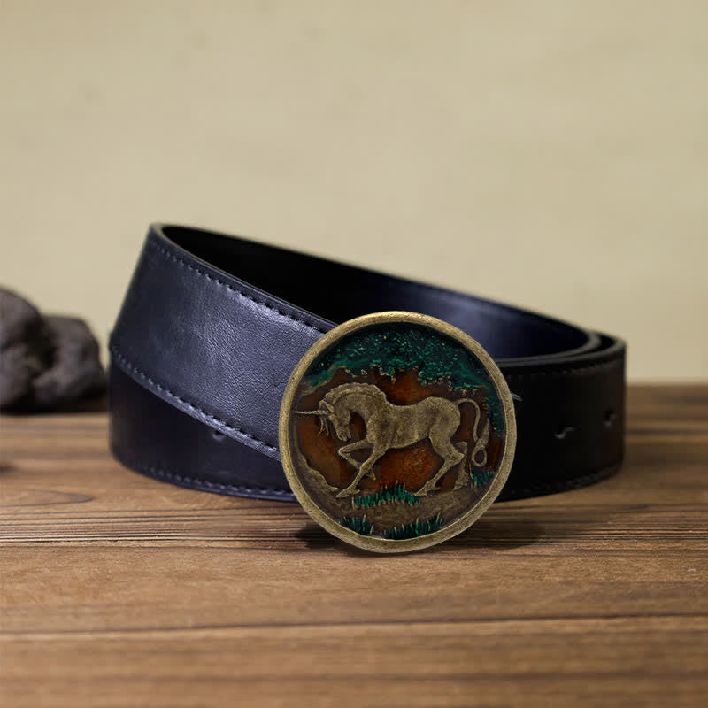 Cintura in pelle con fibbia in bronzo antico con unicorno mistico fai da te da uomo - Unicorno - Cintura PU nera (40) - image 4
