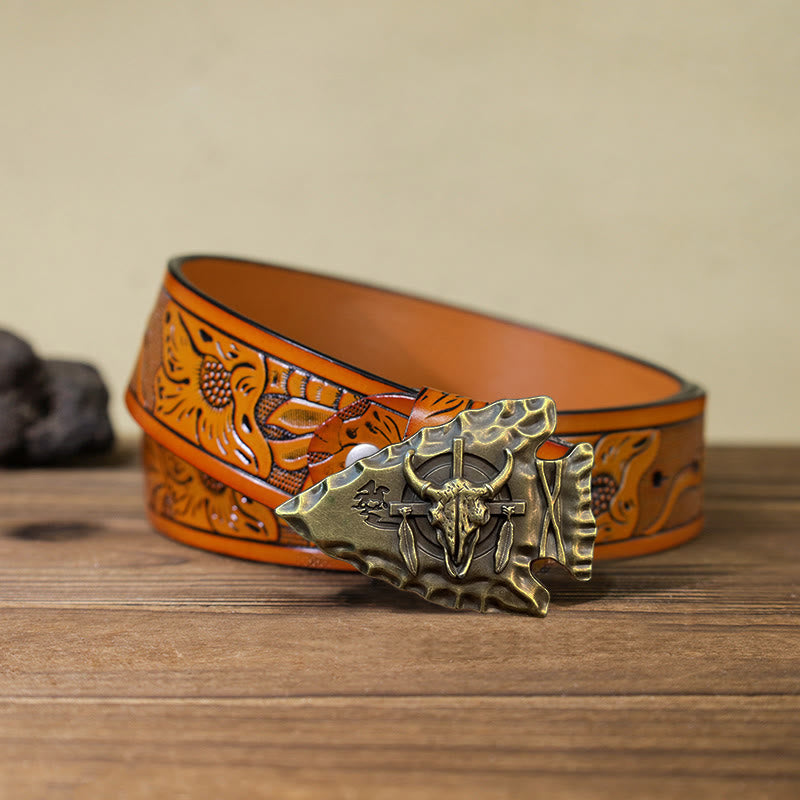 Cintura in pelle con fibbia a forma di toro a forma di punta di freccia fai da te da uomo - Bronzo antico - Cintura intagliata arancione (40) - image 24