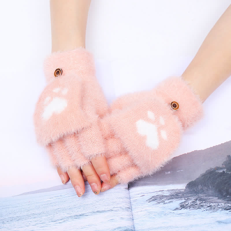 Guanti caldi e soffici con stampa a zampa di gatto da donna - Rosa - image 3