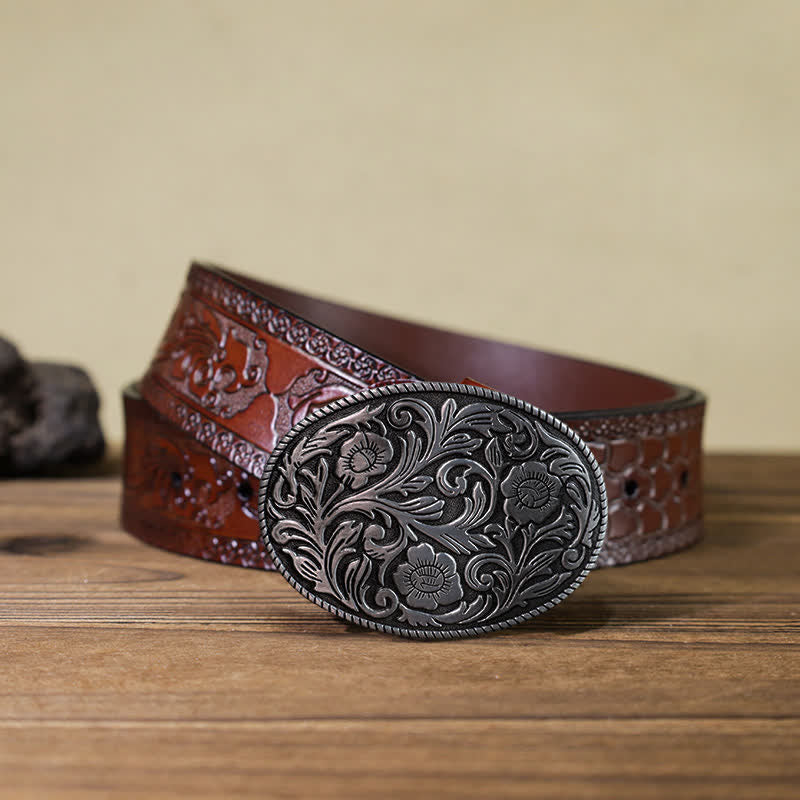 Cintura in pelle con fibbia ovale floreale classica fai da te da uomo - Argento antico - Cintura marrone intagliata (40) - image 12