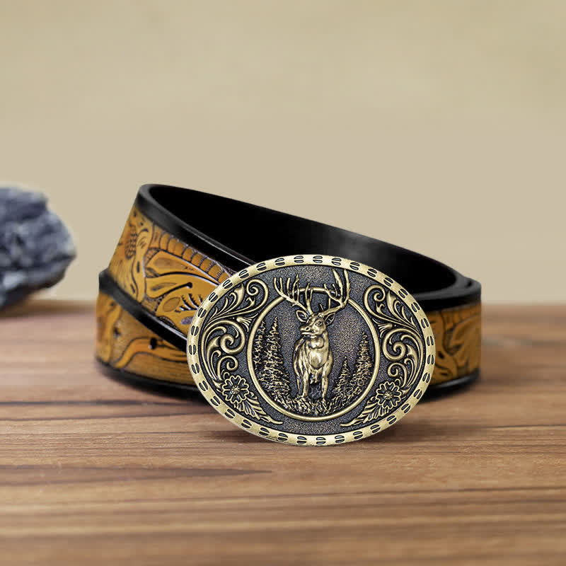 Cintura in pelle con fibbia della bandiera americana da cacciatore di cervi fai da te da uomo - Cervo d'oro - Cintura marrone sabbia (40) - image 37