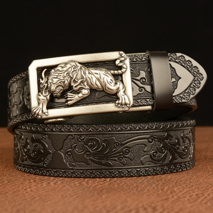 Cintura da uomo in pelle con fibbia a forma di tigre e motivo floreale in rilievo - Argento e nero - 46 - image 19