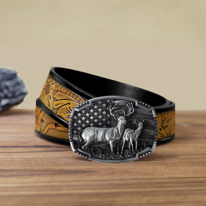 Cintura in pelle con fibbia della bandiera americana da cacciatore di cervi fai da te da uomo - Cervi d'argento - Cintura marrone sabbia (40) - image 36