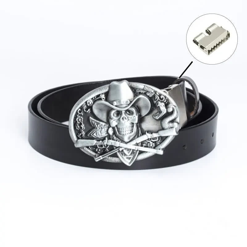 Cintura in pelle da uomo con teschio pirata e pistole incrociate - Legatura di ferro - Nero / Argento - 46 - image 19