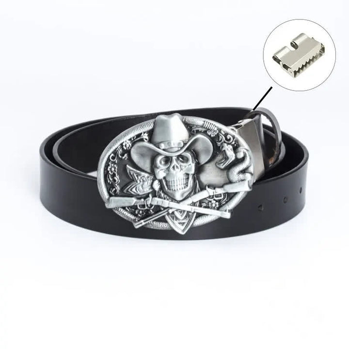 Cintura in pelle da uomo con teschio pirata e pistole incrociate - Legatura di ferro - Nero / Argento - 46 - image 19