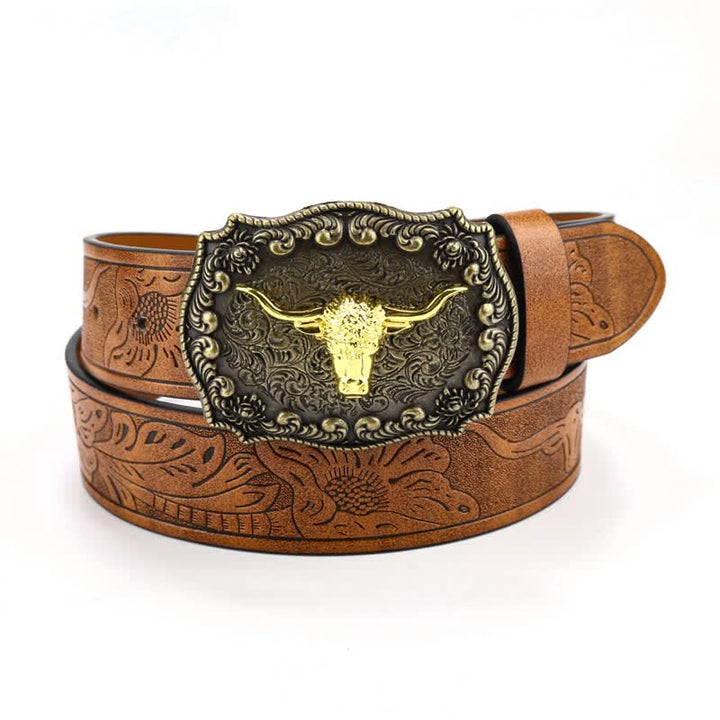 Cintura in pelle con fiore di toro inciso quadrato da uomo - Marrone - 40 - image 0