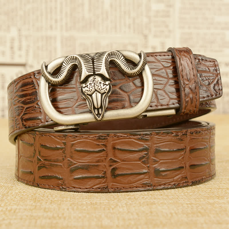 Cintura da uomo in pelle con fibbia automatica e stampa coccodrillo con testa di capra - Marrone / Argento - 46 - image 17