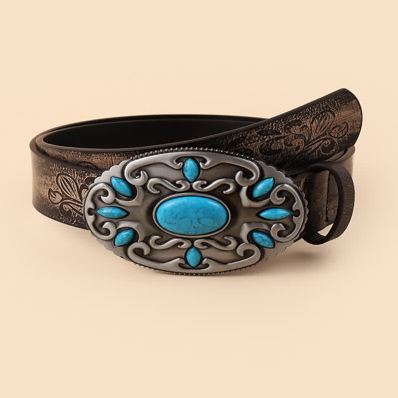 Cintura in pelle con fibbia ovale con decorazione turchese da donna - Caffè - 34 - image 0