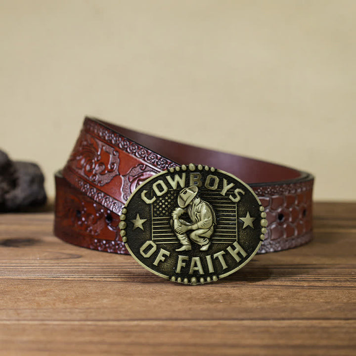Cintura in pelle con fibbia "Cowboys Of Faith" fai da te da uomo - Oro antico - Cintura marrone intagliata (40) - image 16