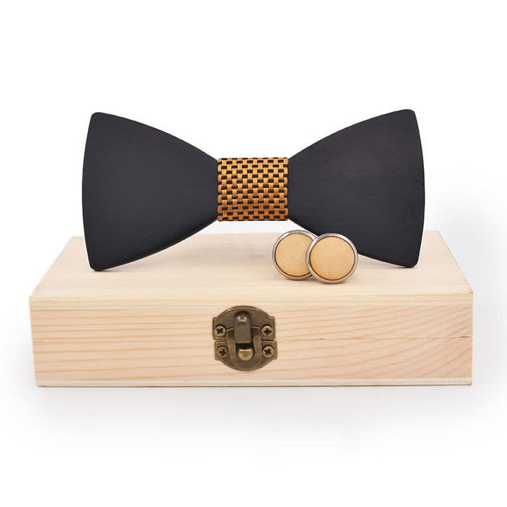 Set di 2 gemelli da uomo in legno nero con papillon - Trama d'oro - image 0