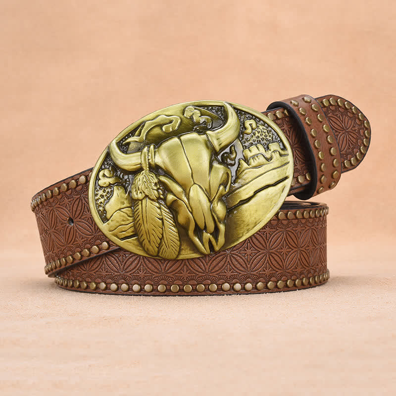 Cintura in pelle con fibbia a testa di toro e rivetto decorativo da uomo - image 11