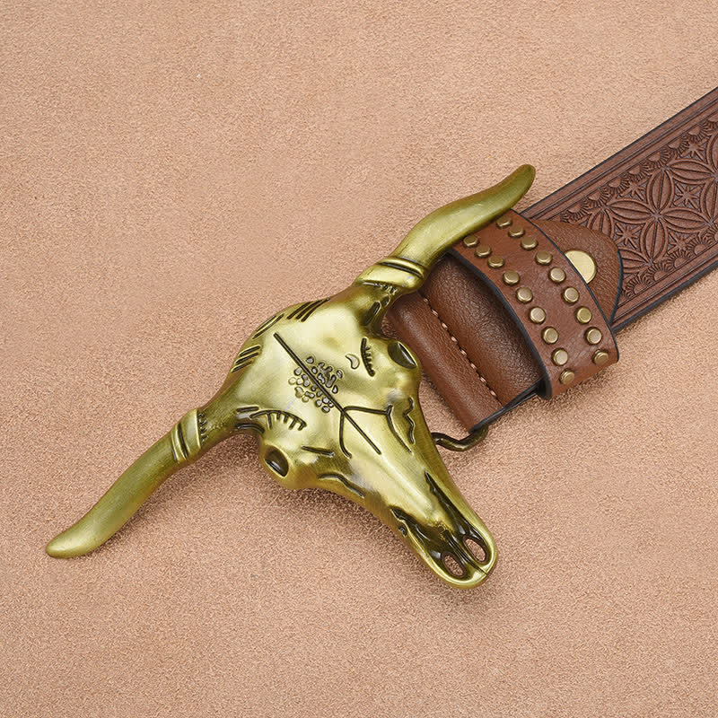 Cintura da uomo in pelle goffrata con rivetto a testa di bovino western - image 3