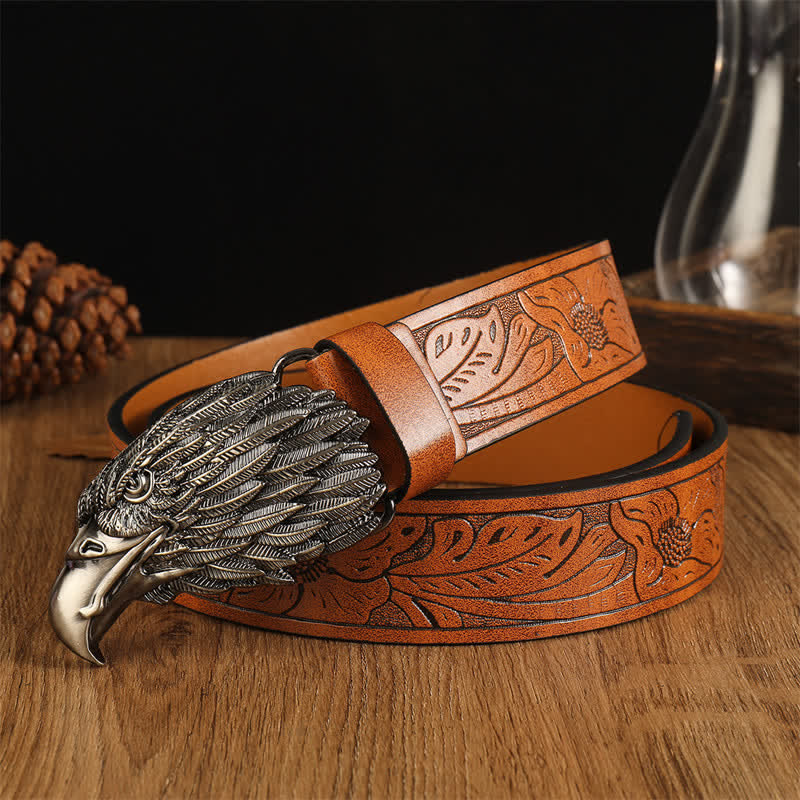 Cintura da uomo in pelle western con testa d'aquila e avvoltoio realistico - Marrone #1 / Argento - 42 - image 0