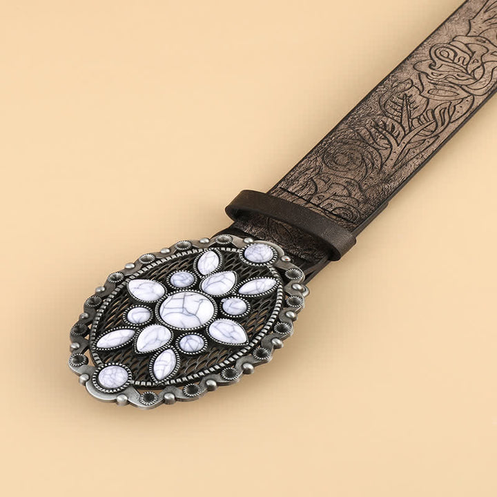 Cintura in pelle goffrata con gemme bianche etniche da donna - image 2