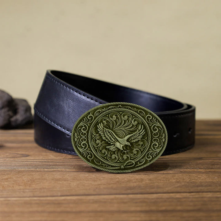 Cintura in pelle con fibbia floreale incisa con aquila volante fai da te da uomo - Bronzo antico - Cintura PU nera (40) - image 5