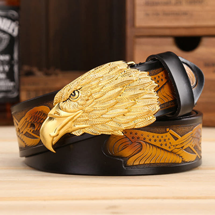 Cintura in pelle con fibbia ad aquila con testa di avvoltoio 3D, occhi acuti da uomo - Nero / Oro - 46 - image 7