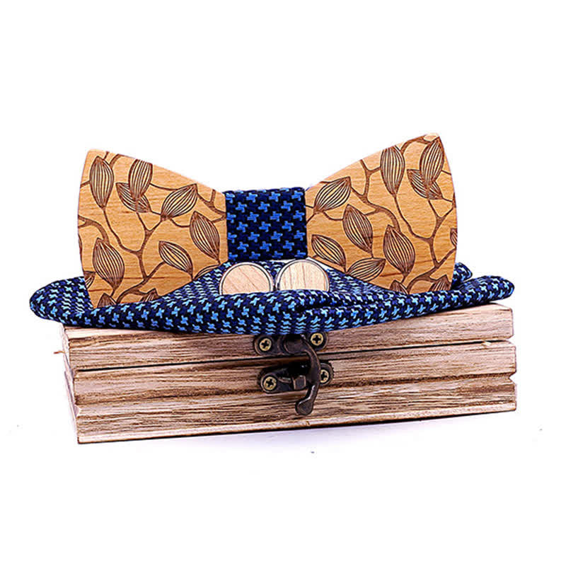 Set di 3 papillon in legno con motivo a foglia da uomo - Stella Blu - image 6