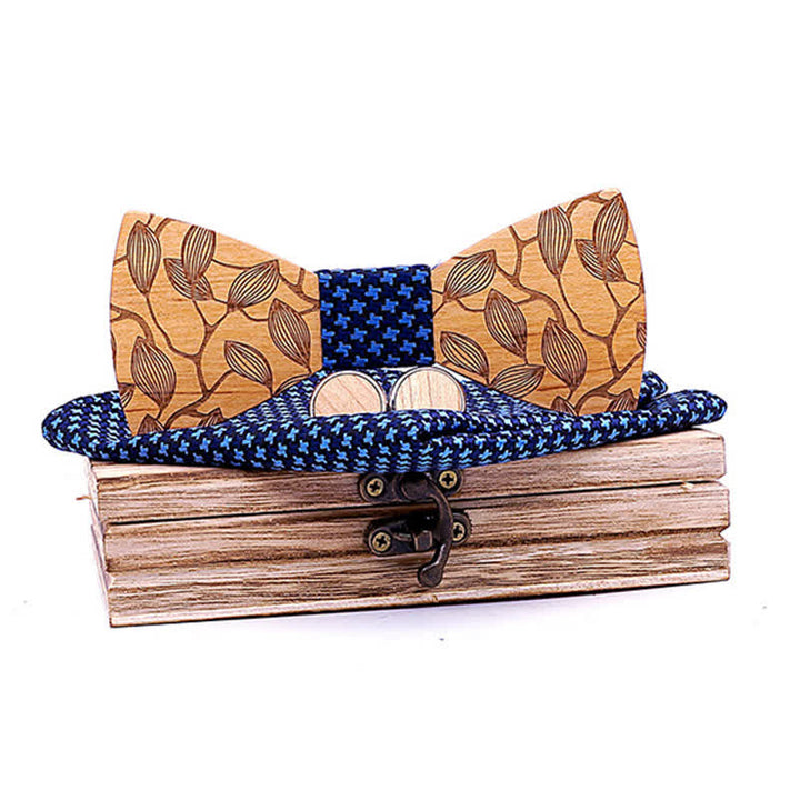 Set di 3 papillon in legno con motivo a foglia da uomo - Stella Blu - image 6