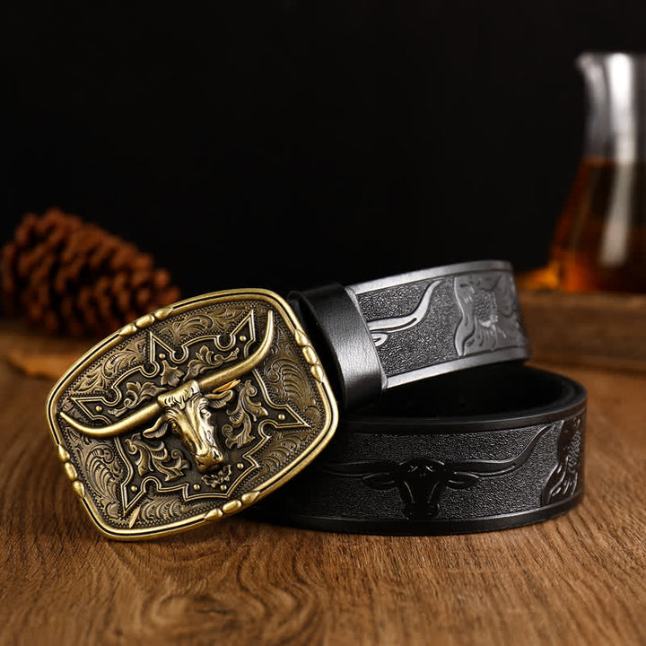 Cintura da uomo in pelle stampata con testa di mucca in stile western - Nero / Oro - 38 - image 5