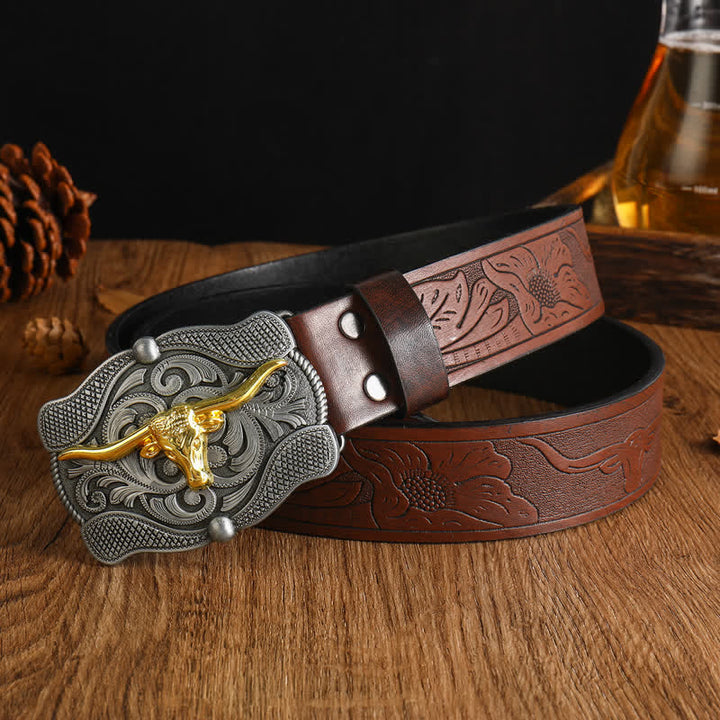 Cintura da uomo in pelle di toro Longhorn dorata quadrata - Stile n. 1 - 48" - image 0