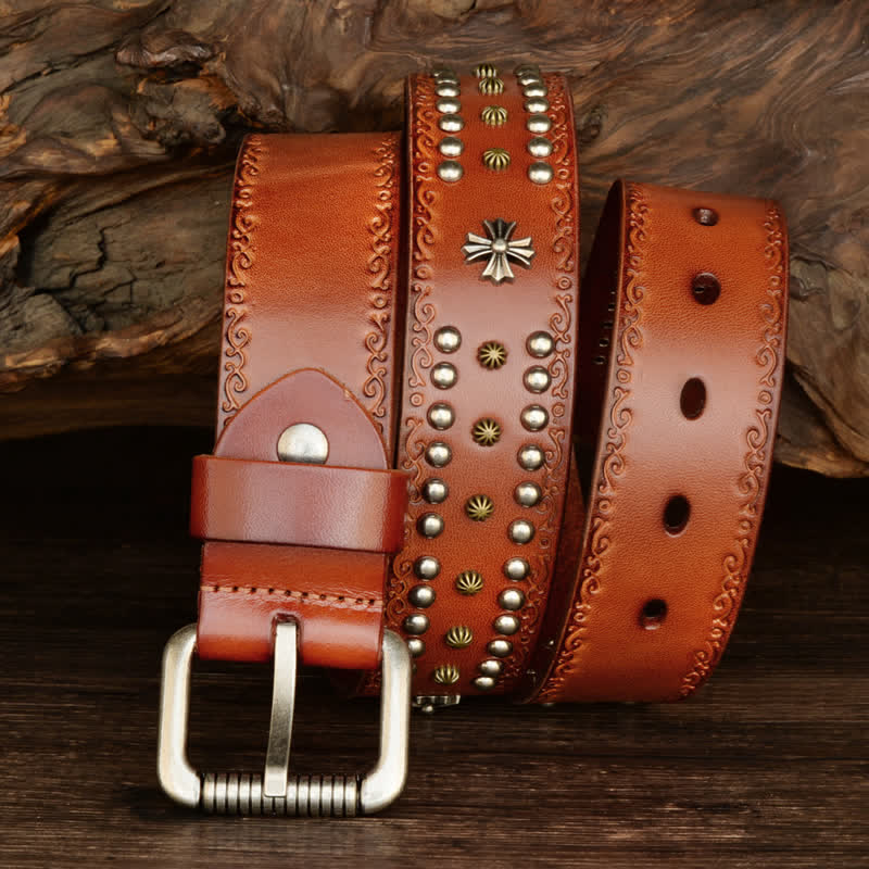 Cintura unisex con decorazione a borchie e borchie incrociate in stile rock - Marrone - 42 - image 0