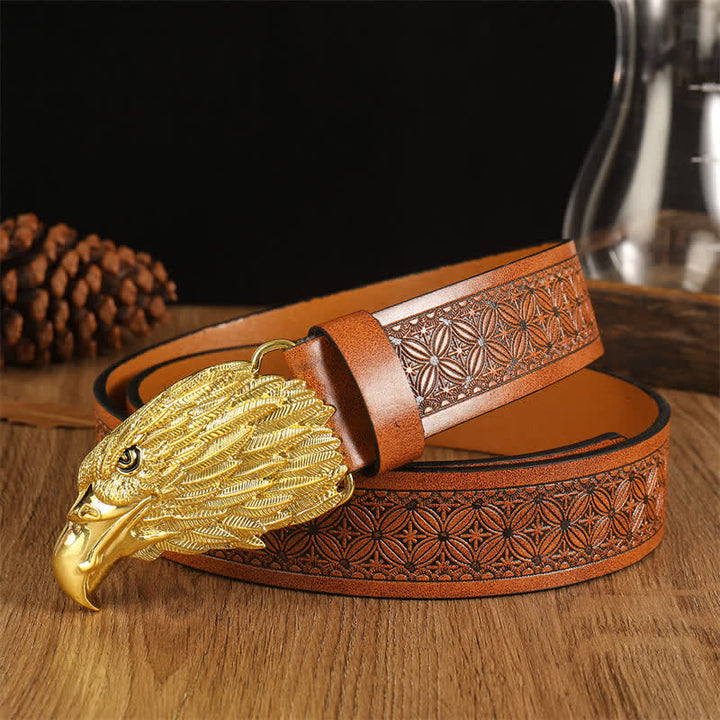 Cintura da uomo in pelle western con testa d'aquila e avvoltoio realistico - Marrone #2 / Oro - 42 - image 19
