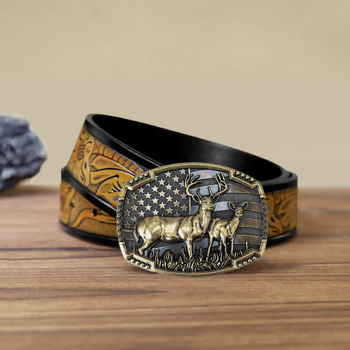 Cintura in pelle con fibbia della bandiera americana da cacciatore di cervi fai da te da uomo - Cervi d'oro - Cintura marrone sabbia (40) - image 35