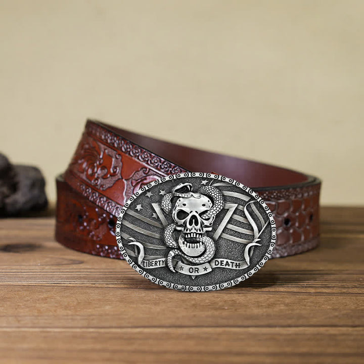 Cintura in pelle fai da te da uomo con fibbia a forma di teschio di serpente "Liberty or Death" - Argento antico - Cintura marrone intagliata (40) - image 18